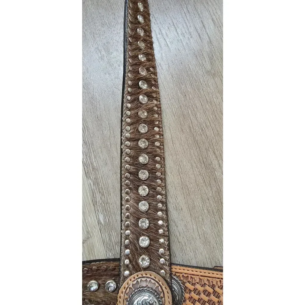 Nocona Calf Hair Leather Rhinestone Glam Belt Silver Tone Hardware sz 44 Western